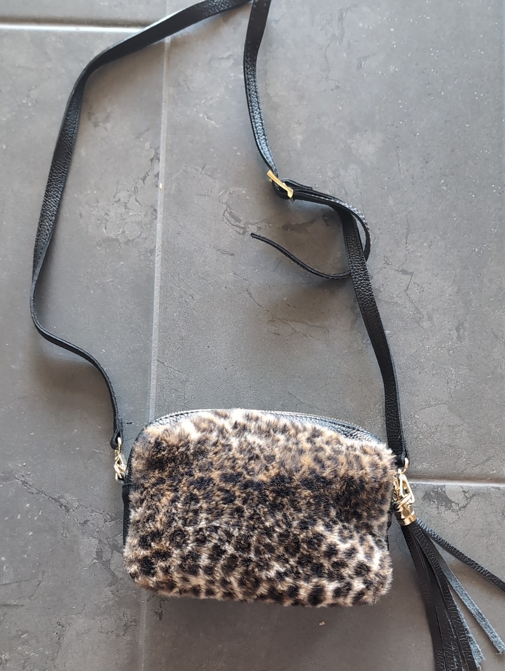 Leopard Faux Fur Crossbody Bag with Black Strap ..Made In Italy